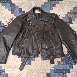 * Vintage Park V Mens 44 Black Leather Fringe Motorcycle Jacket Moto USA